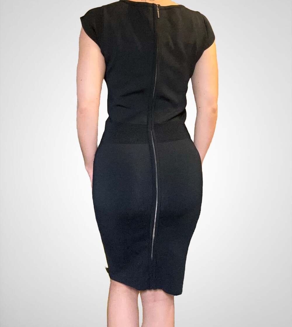 MEXX Black Knit Bodycon Midi Dress with Front Zipper and Cap Sleeves